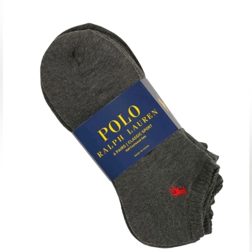 Polo Ralph Lauren Mens Athletic 6 Pk Low Cut Socks Charcoal Grey Pony Logo OS